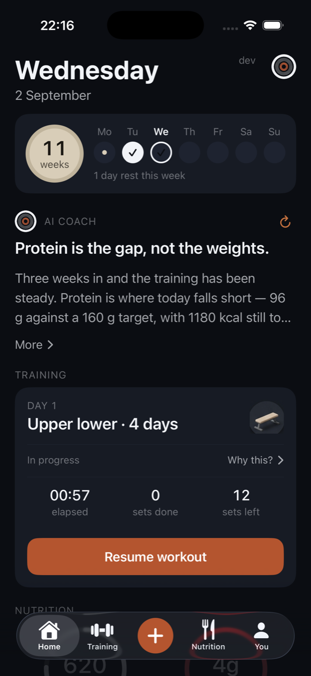 Attu home showing today’s adjusted training plan.