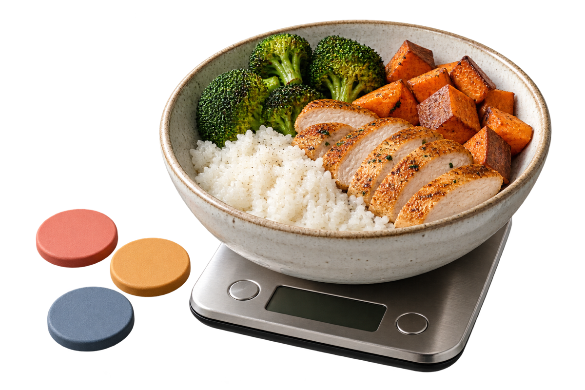 A meal bowl and kitchen scale.