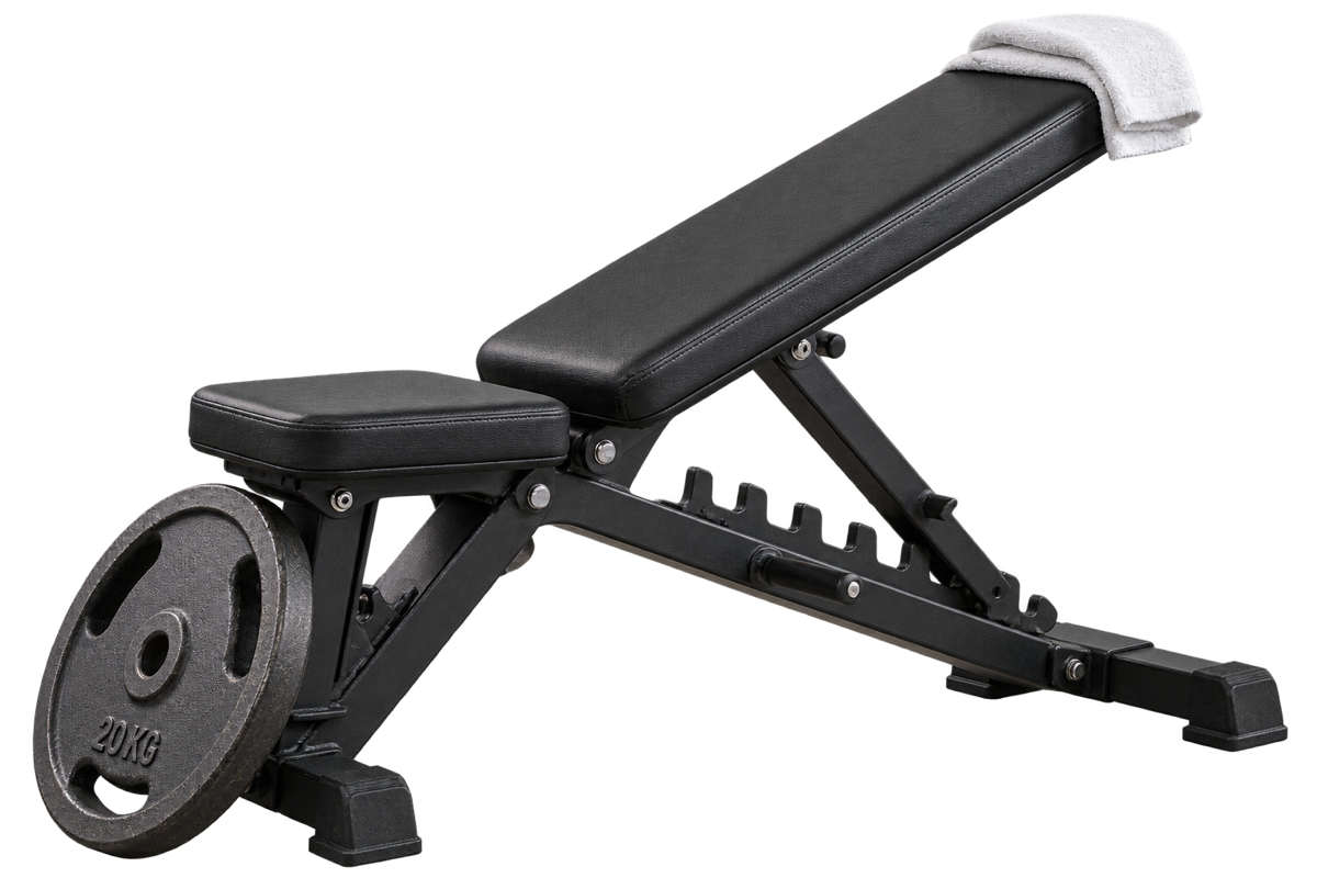 An adjustable bench, iron plate, and towel.